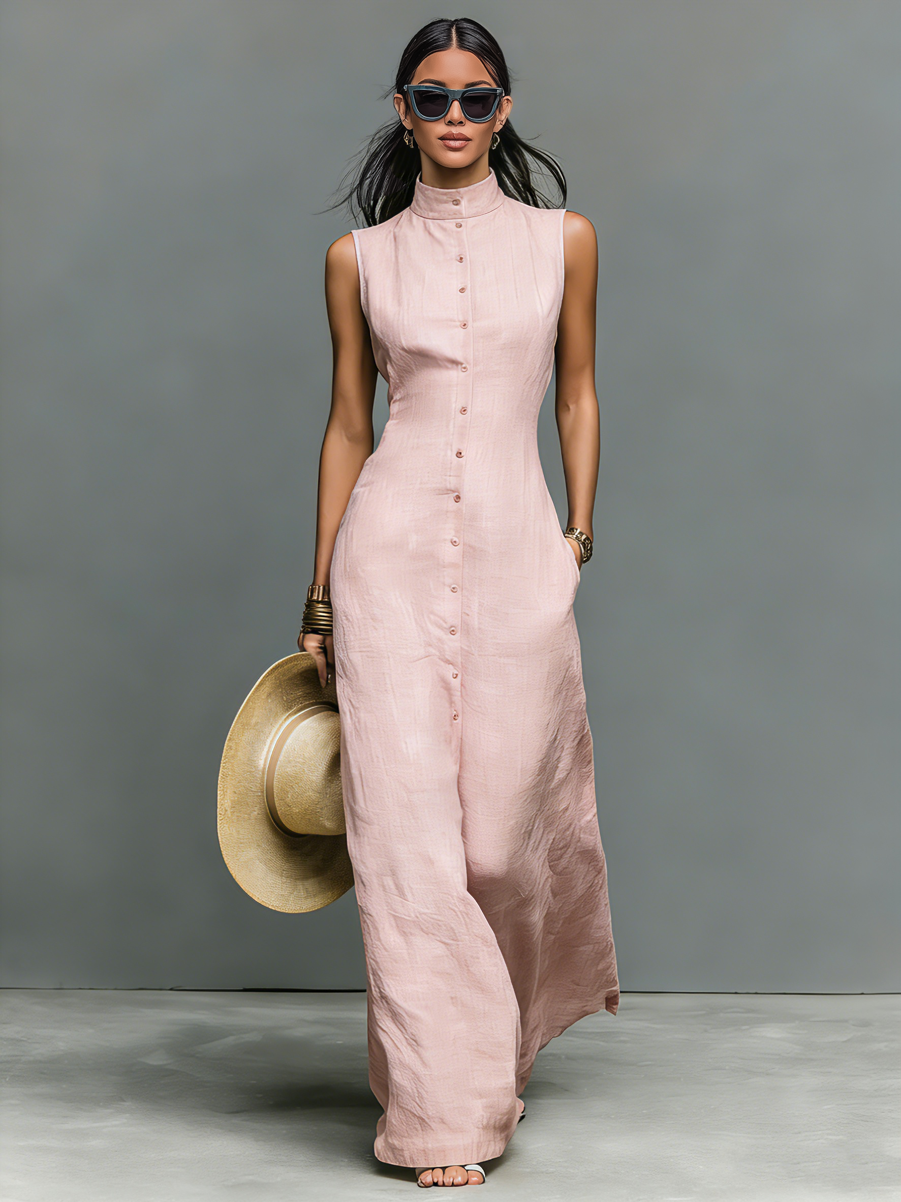 Women's Minimalist Linen-Blend Stand-Collar Single-Breasted Sleeveless Maxi Dress MDZ1049C1Y