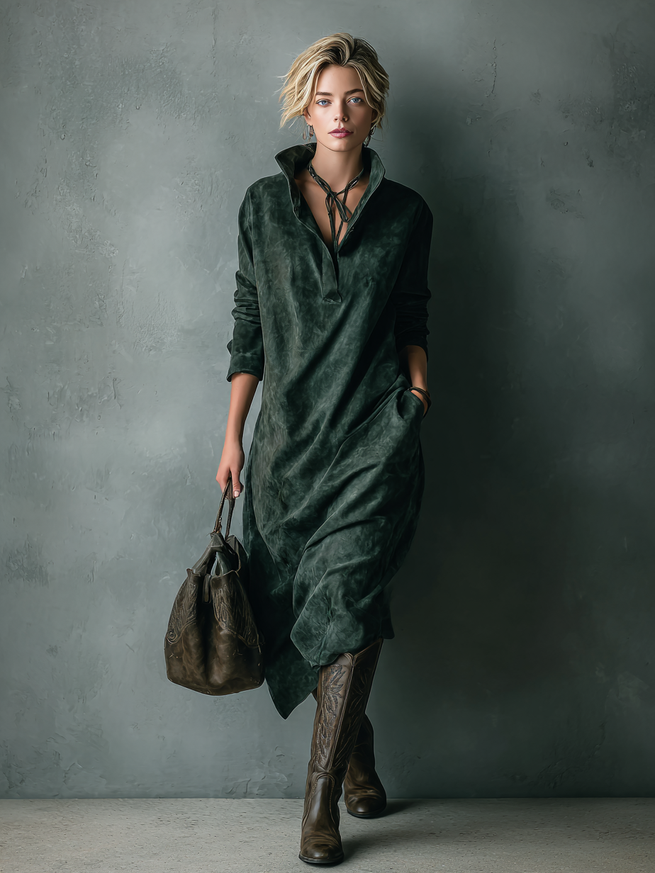 Women's Loose Suede Lapel Long Sleeve Midi Dress MDA1530H1Y