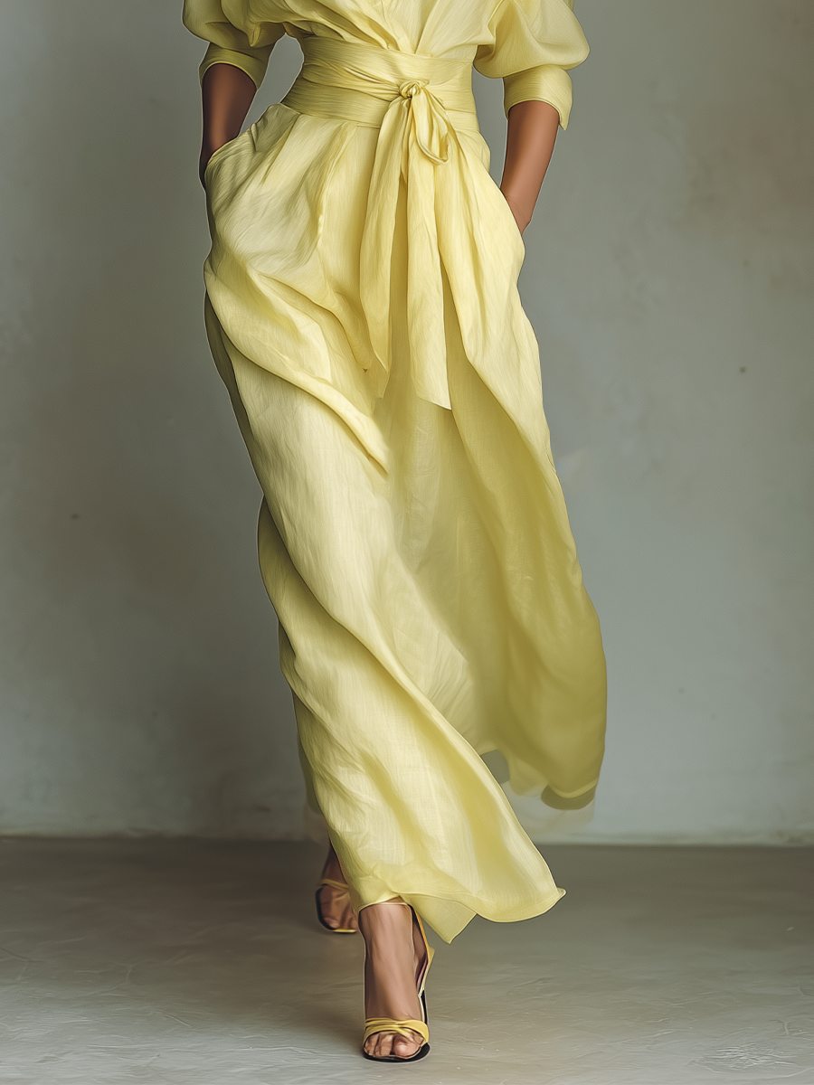 Women's Lemon Yellow Cotton And Linen Blend Maxi Shirt Dress With Tie Waist & Half Sleeves MDZ2884A4T