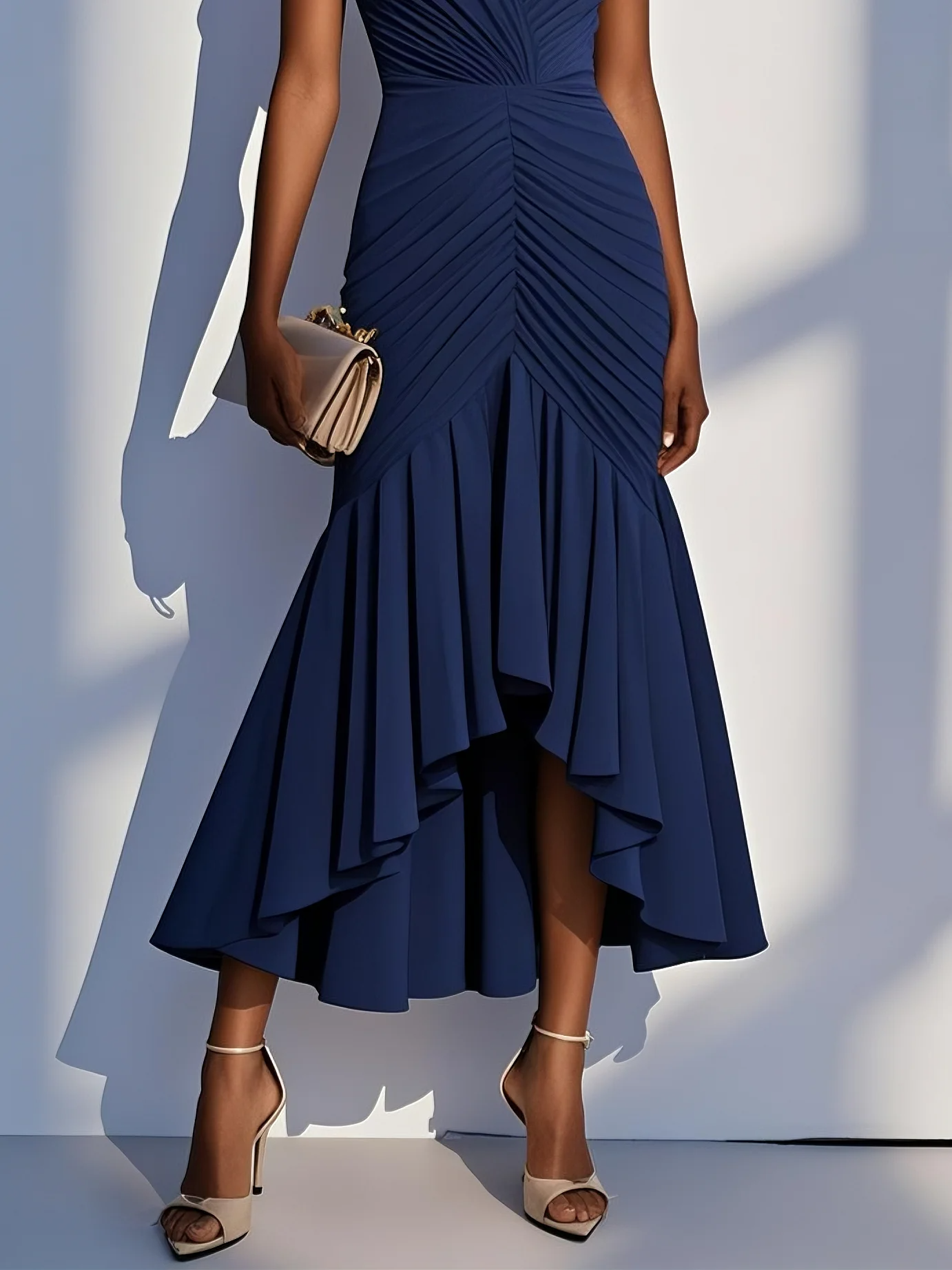 Women's Solid Color Chiffon Pleated Hip-hugging Maxi Dress MDA1141F7Y
