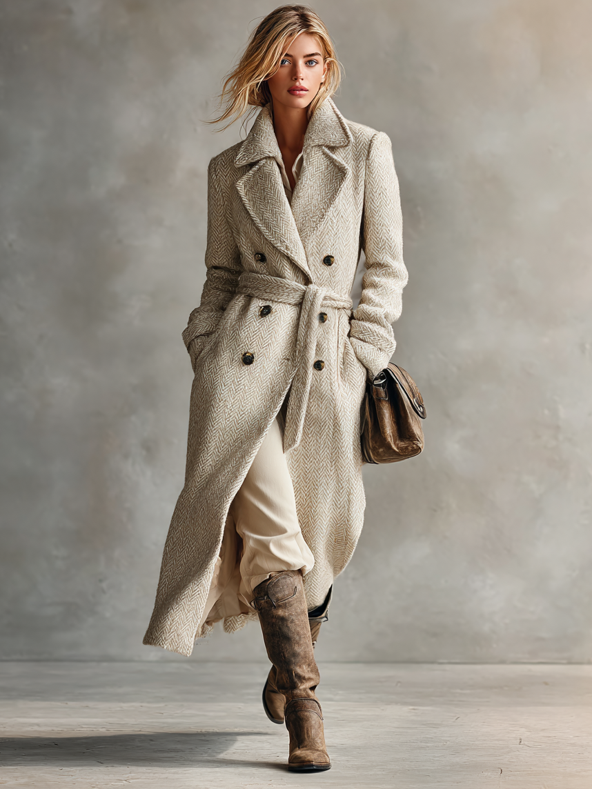 Women's Herringbone Wool Blend Double-Breasted Belted Long Coat MDA0928I5Y