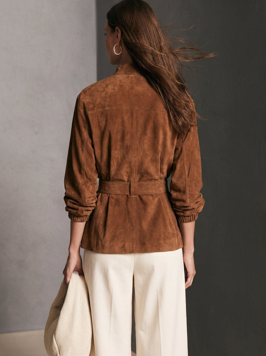 Women's Casual Brown Suede Long-sleeve Jacket