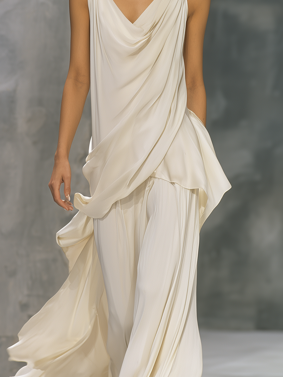 Women's Elegant Off-white Chiffon Sleeveless Cowl-neck Long Top Paired With A Skirt MDA2610L9AN