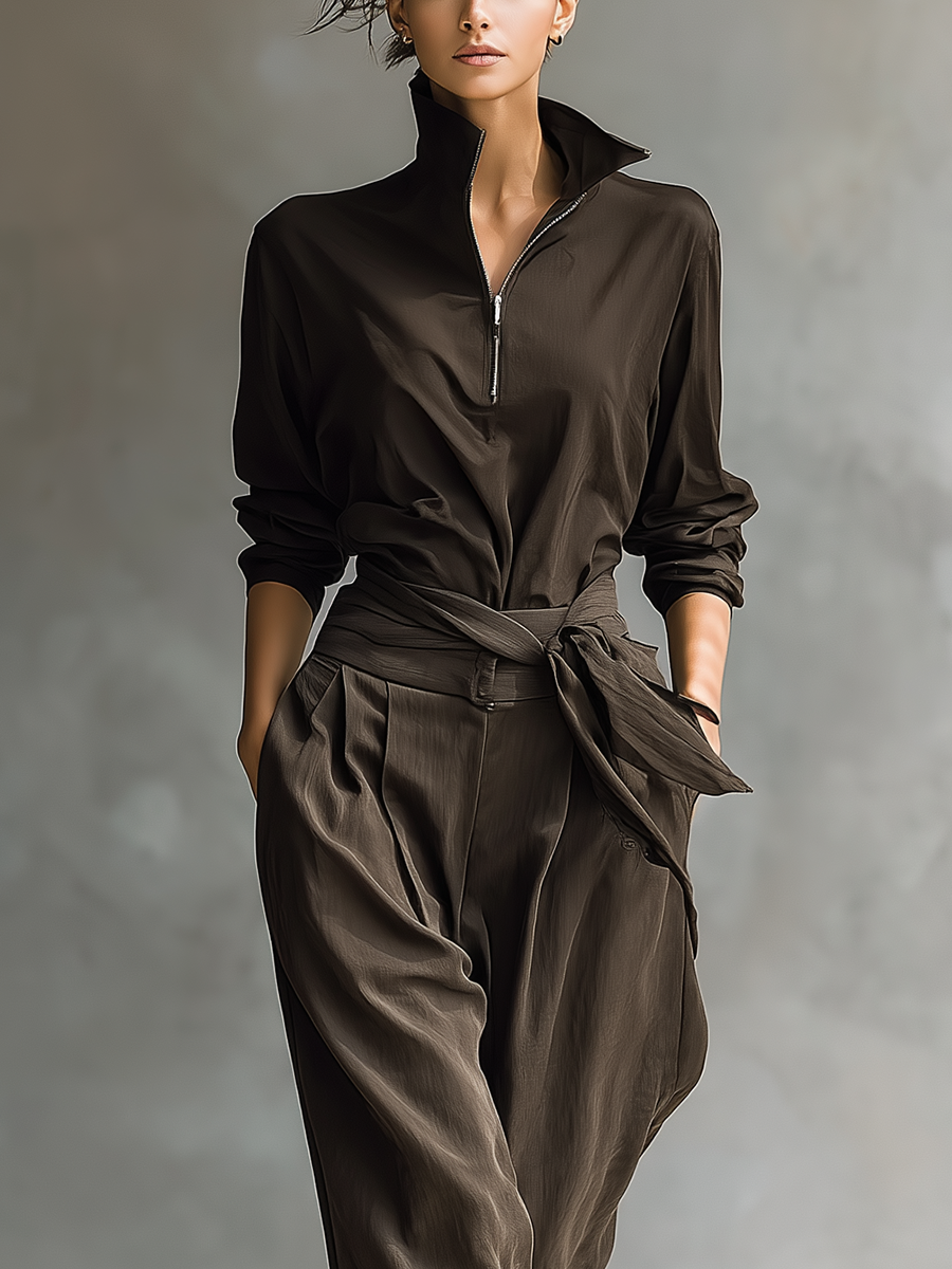 Women's Dark Brown Cotton Stand-up Collar Zip-up Top And Wide-leg Pants Set MDA2679K6T