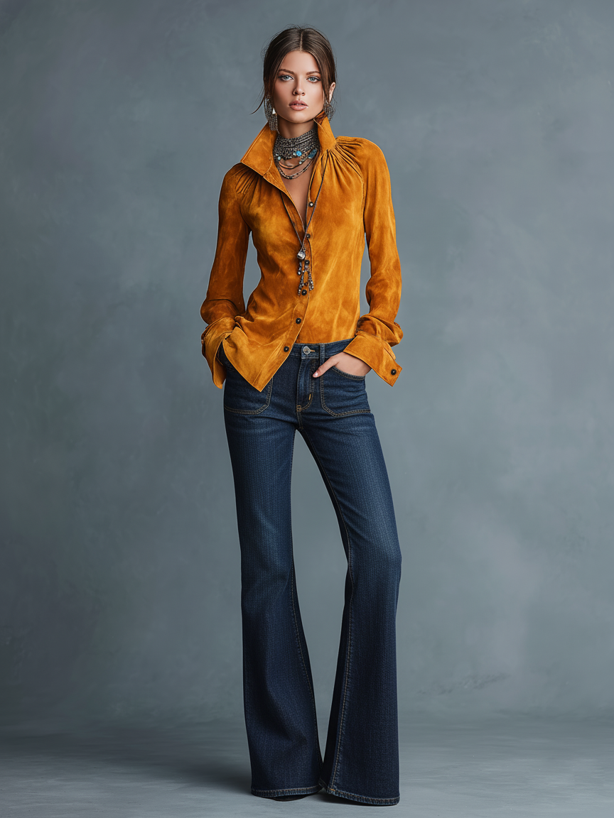 Women's Minimalist Faux Suede Shirt And Flared Jeans Set MDA2986K8Y