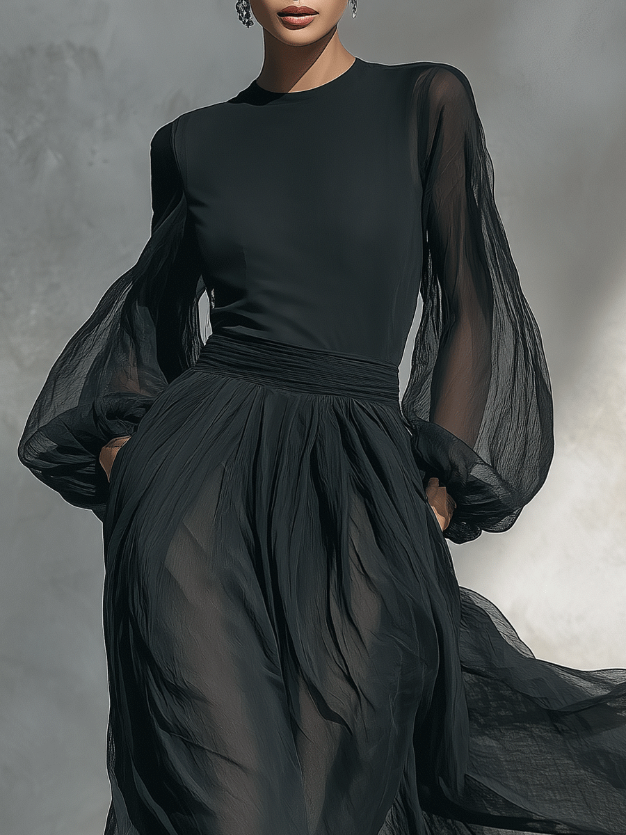 Women's Black Chiffon Long-Sleeved Maxi Dress MDA2830G8I