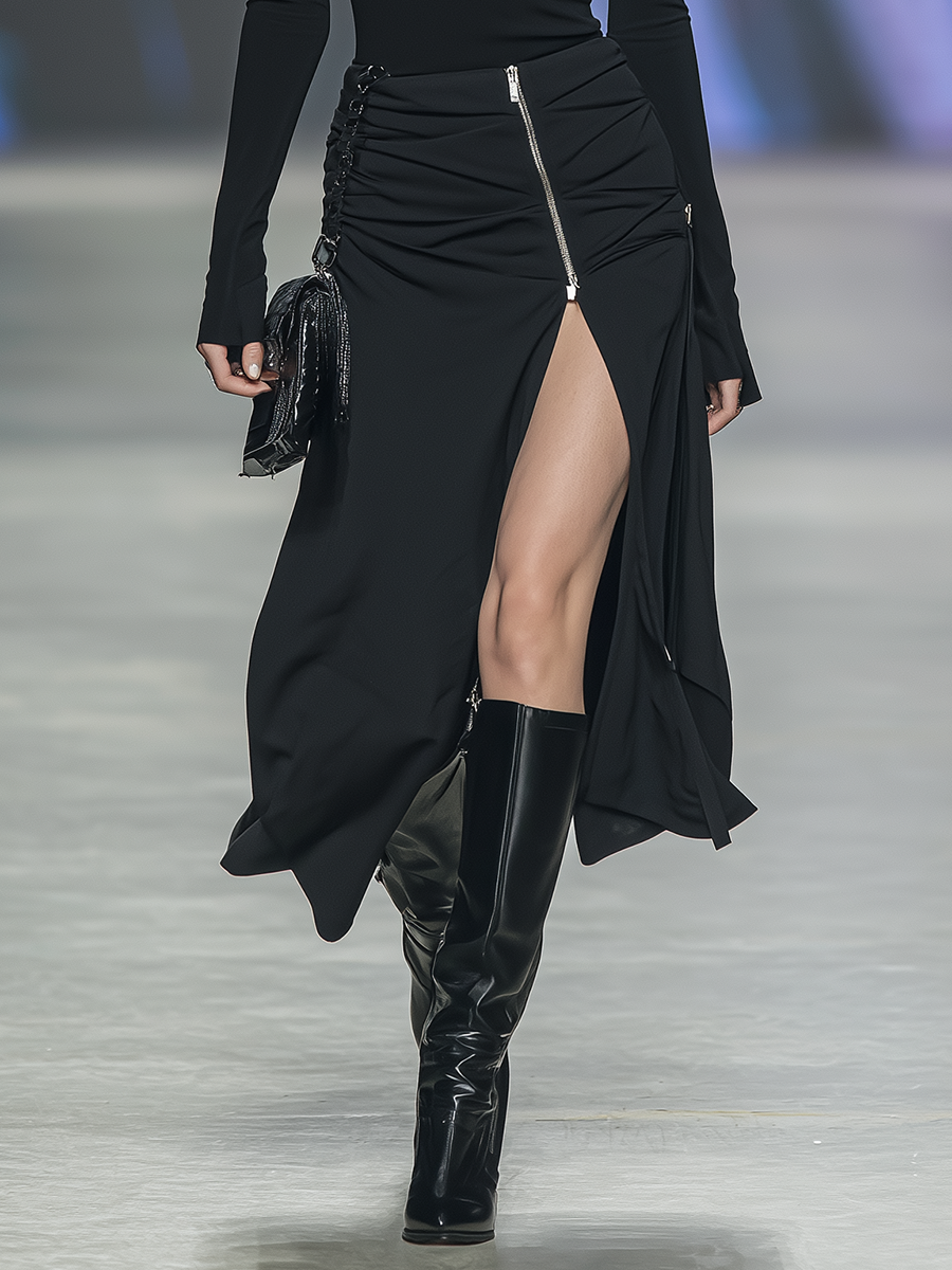 Women's Black Stretchy Knit Fabric Turtleneck Top & Ruched-Zipper Slit Midi Skirt Set MDA1804L8T