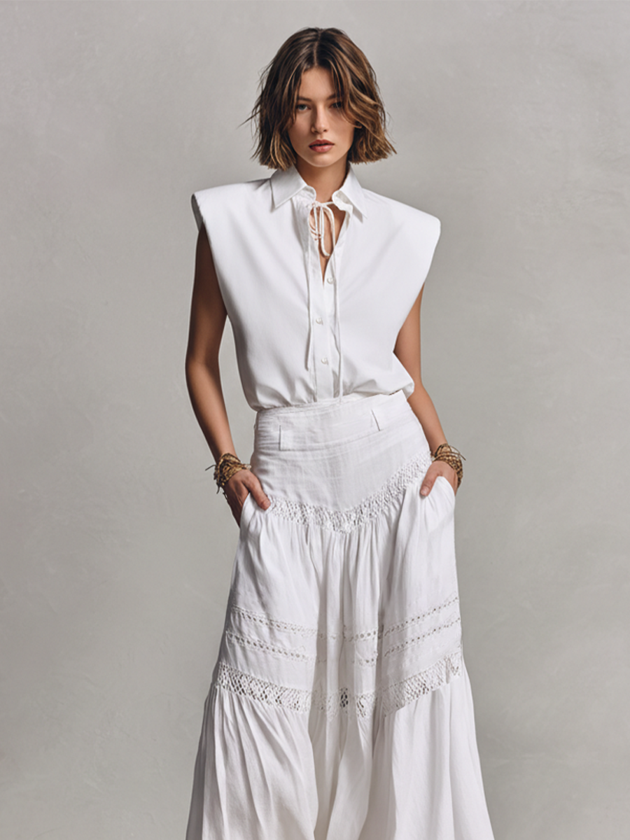 Women's White Cotton Set With Sleeveless Tie-Neck Blouse & Lace-Trim Maxi Skirt, Timeless Boho-Chic Style Set MDZ0307C8I