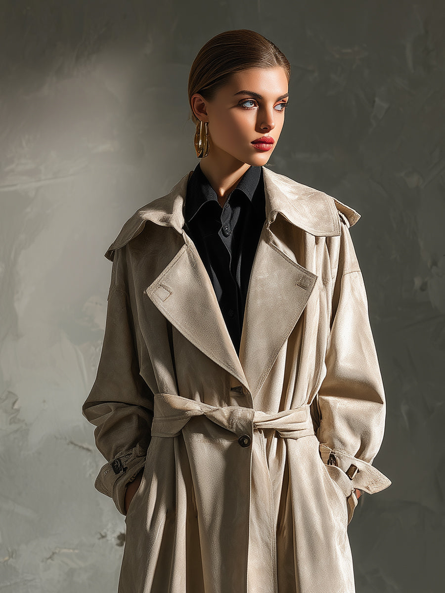 Women's Beige Faux Suede Elegant Coat With Belted Waist & Trench Design, Timeless Classic Style Coat MDA0432K4I