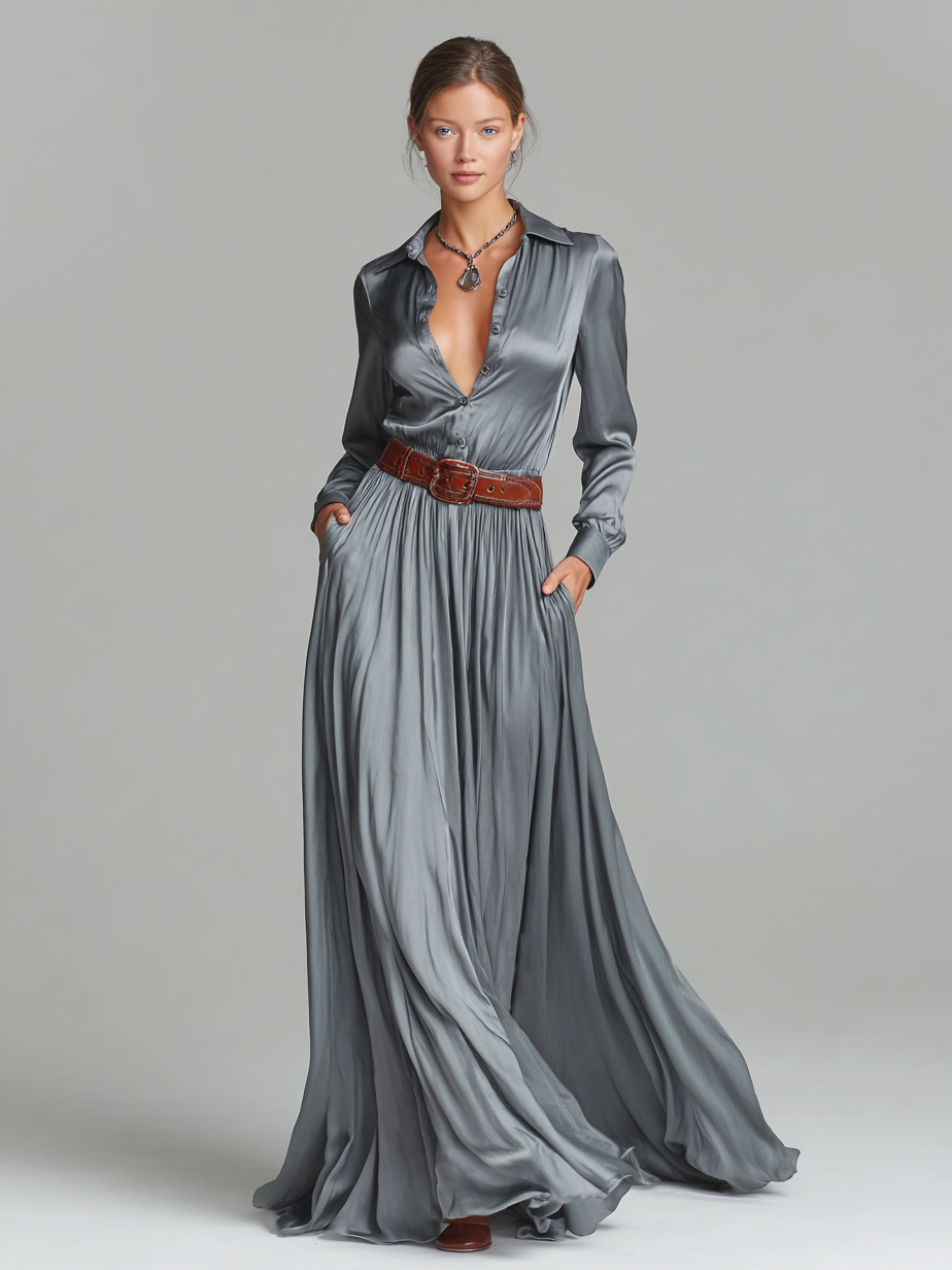 Women's Satin Shirt Long-sleeved Floor-length Maxi Dress (Without Belt) MDA0732H4Y