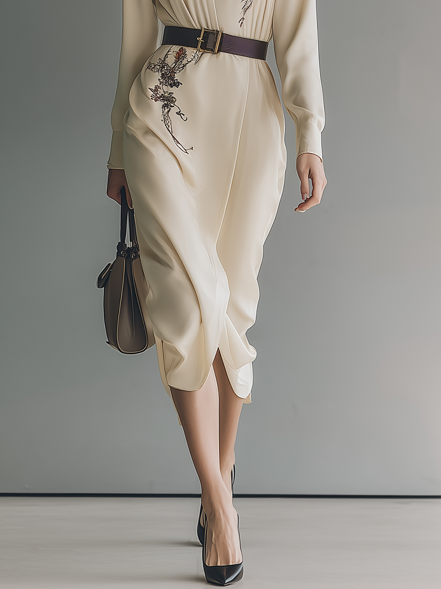 Women's Beige Cotton Blend Embroidered Waist Midi Dress MDA1912H0T