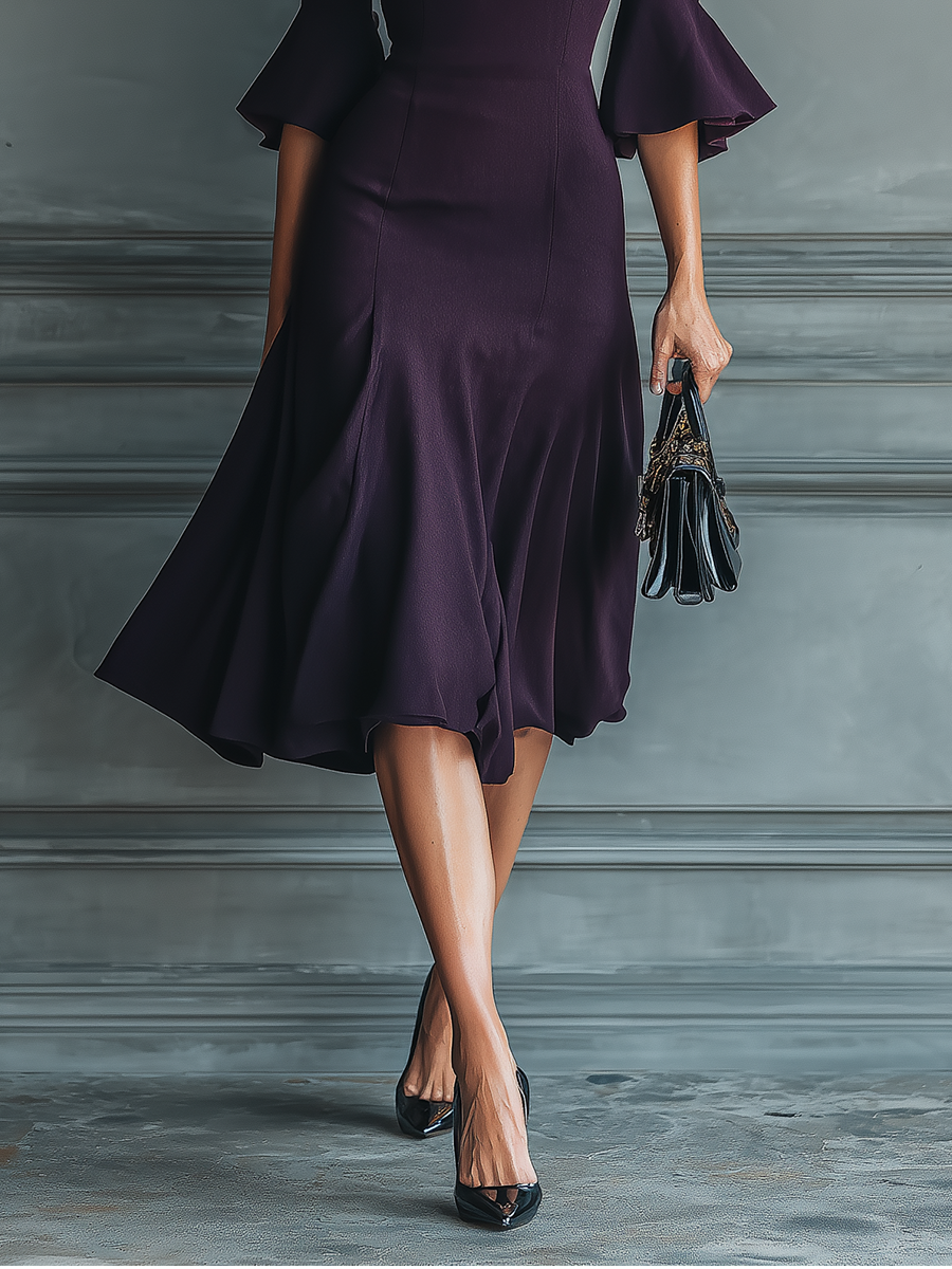 Women's Dark Purple Flared Sleeve Waisted Midi Dress MDA3025G6T