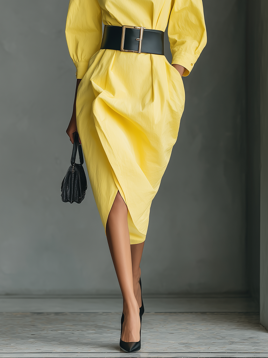 Women's Bright Yellow Cotton Blend Fashionable Midi Dress MDA1407H5T