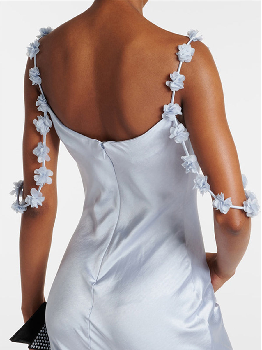 Women's Light Blue Romantic Silk - Like Satin Floral - Strap Maxi Dress MDA0989I7I