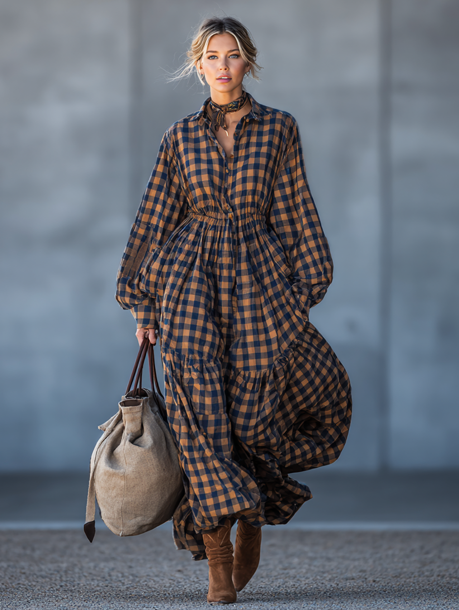 Women's Loose-fitting Plaid Print Maxi Dress MDA1690J2Y