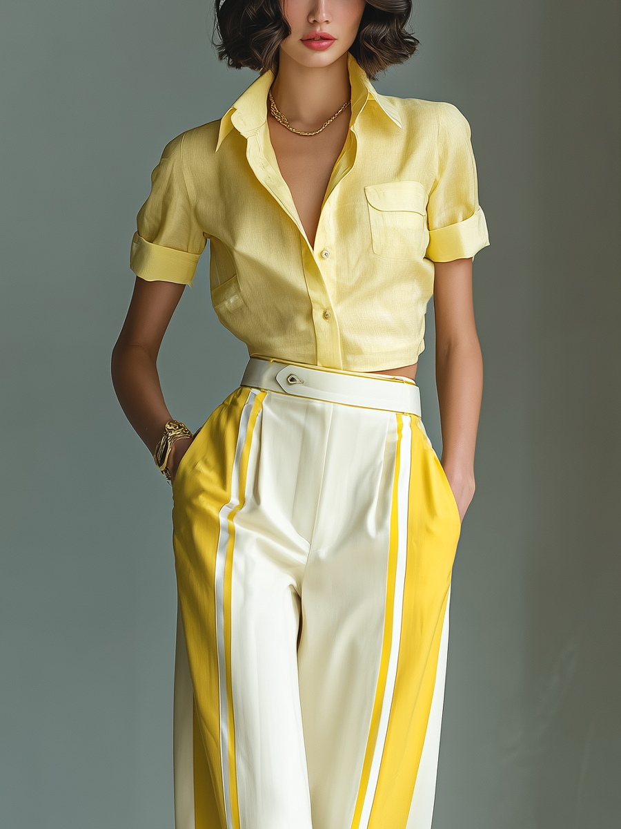 Women's Yellow Cropped Shirt & White Wide-Leg Pants Two-Piece Set With Contrast Stripes MDZ1134B1T