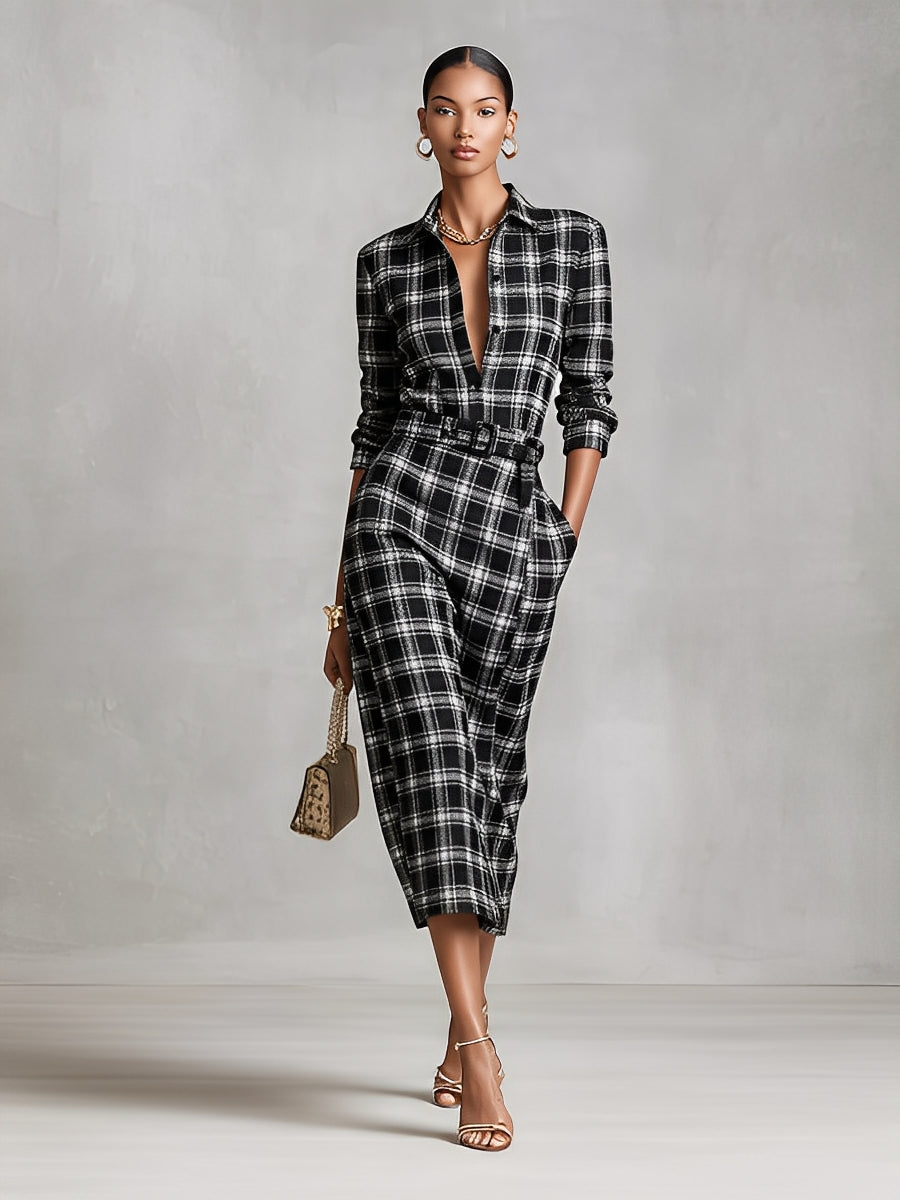 Women's Black And White Chic Cotton Blend Plaid Button - Front Belted Skirt Set MDA1943I8I