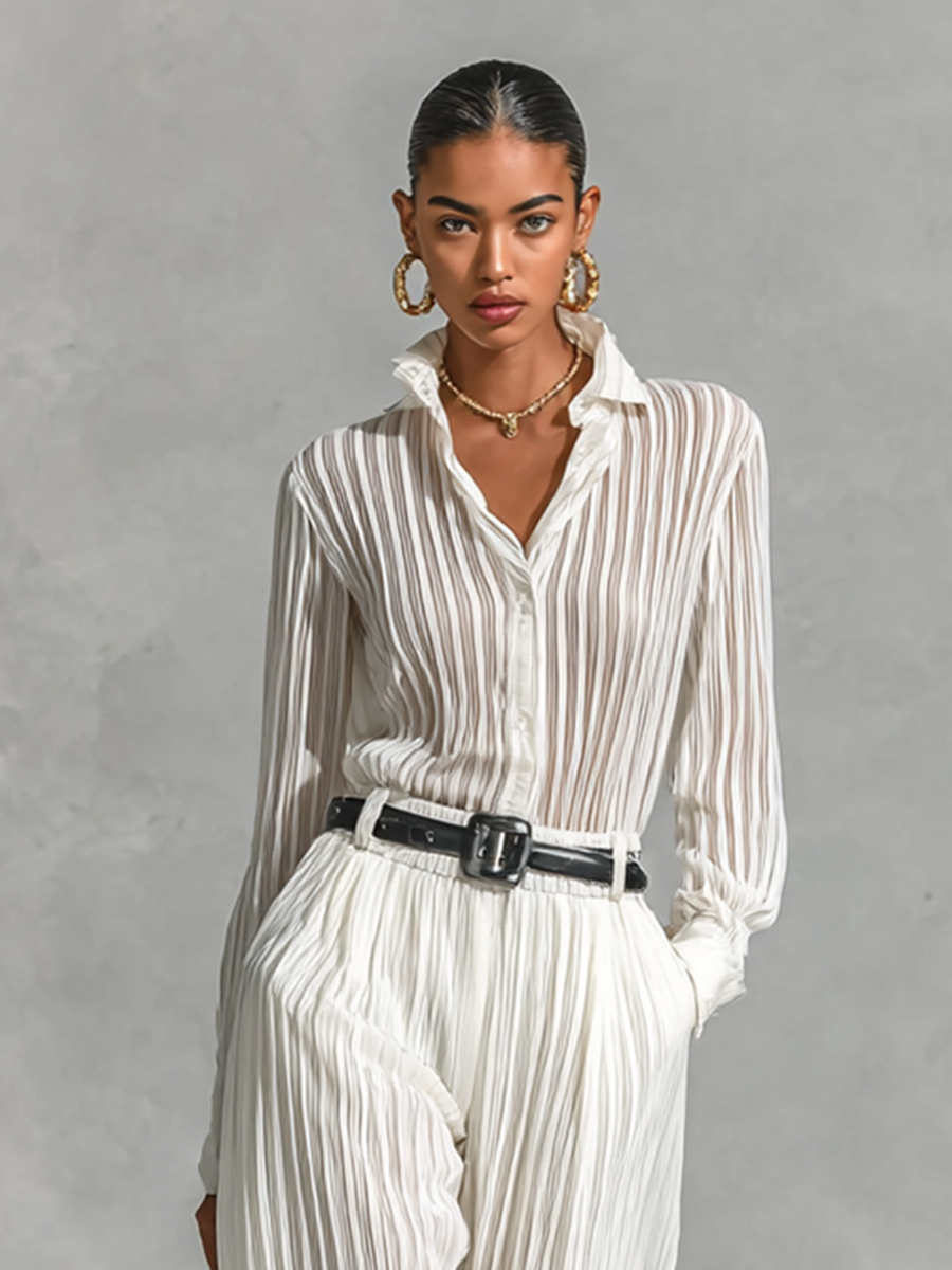 Women's Textured Fabric Long Sleeve Shirt Straight Pants All White Two-piece Set (without belt)MDA1582G3Y