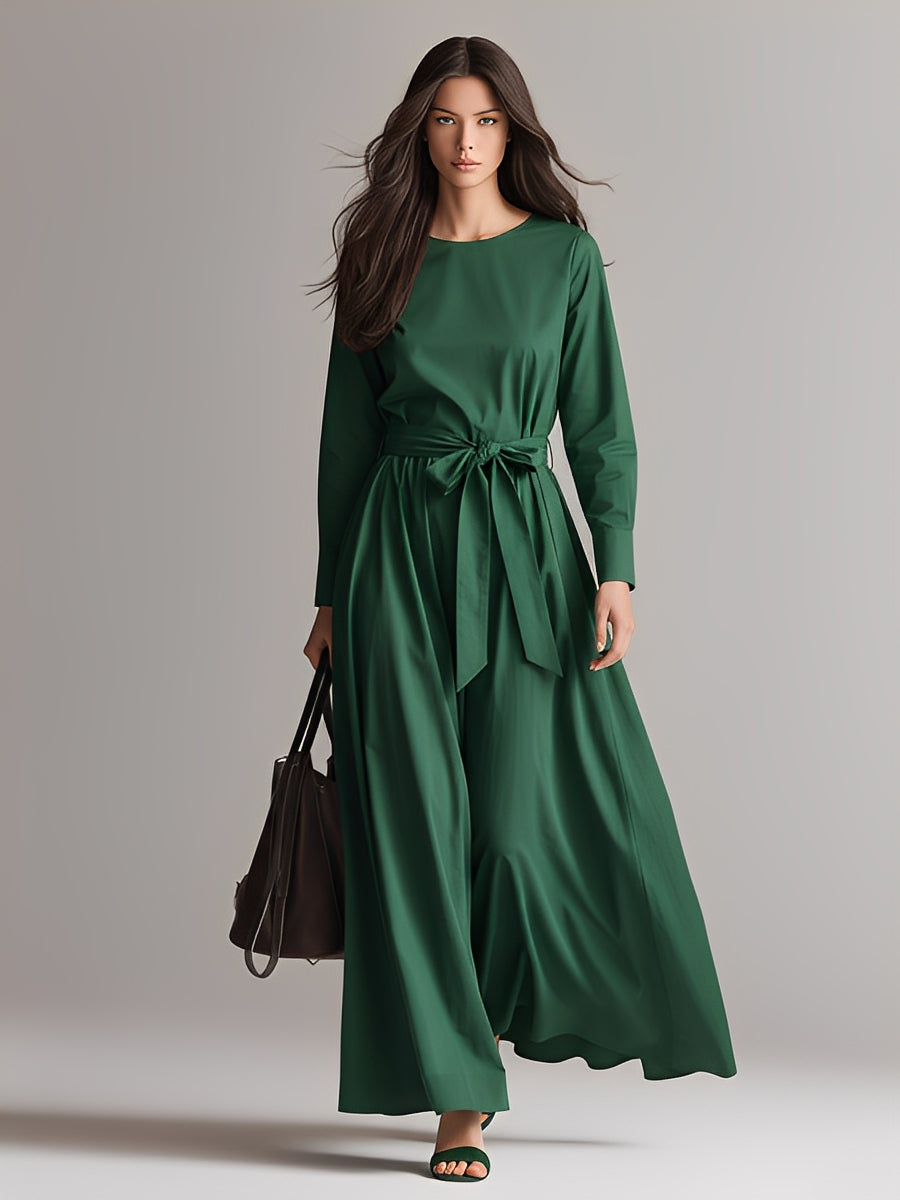 Women's Deep Green Flowing Dress With Cinched Waist & Relaxed Fit, Sophisticated Casual-Chic Style Dress MDA1639L9I
