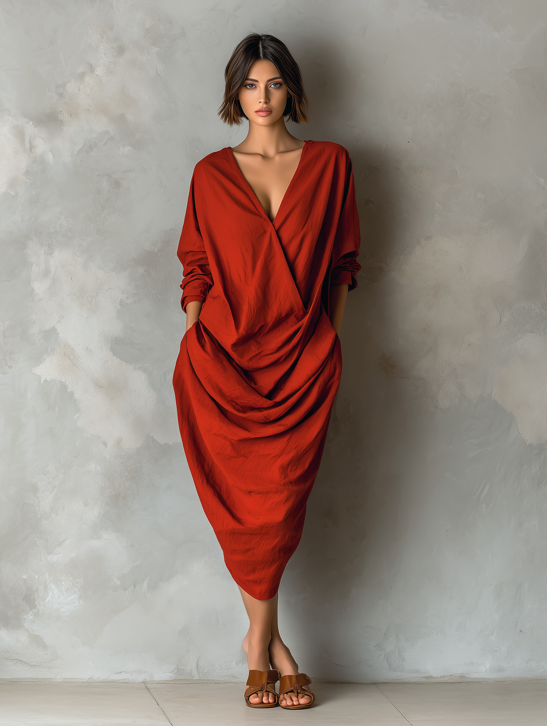 Women's Elegant Red V-neck Woven Loose Cocoon-shaped Long-sleeved Dress MDA1819L4AN