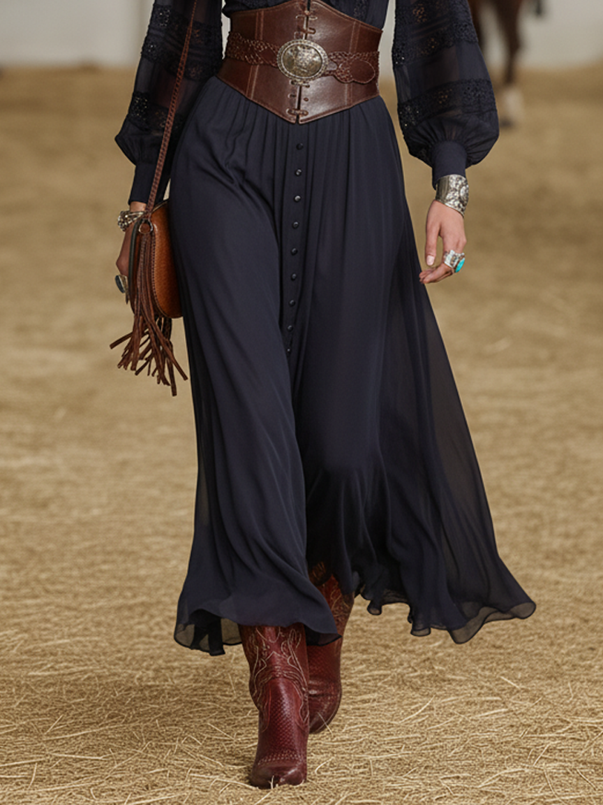 Women's Chiffon Single-breasted Long-sleeved Maxi Dress (belt Not Included) MDA0540K7Y