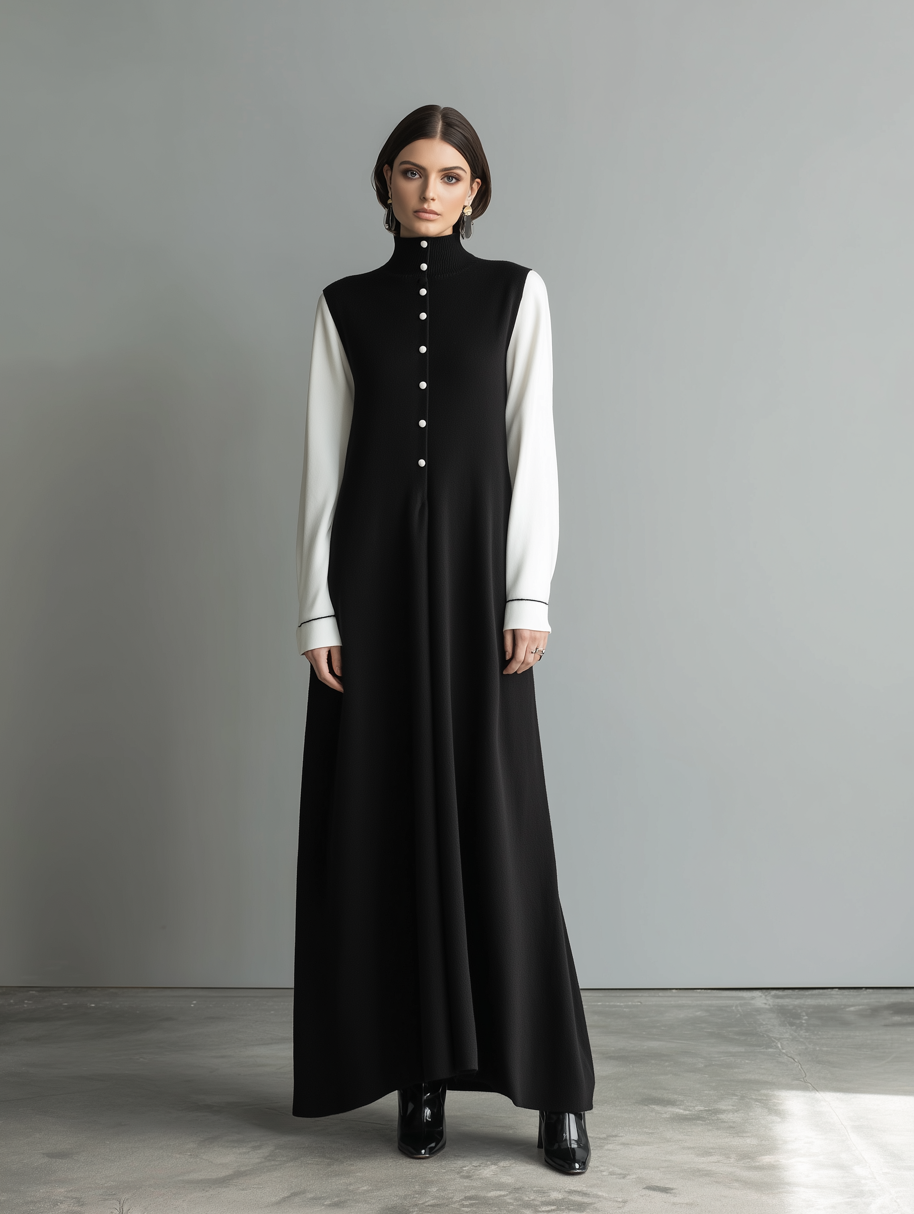 Women's Elegant Black Knitted High-neck Long-sleeved Dress With Button Closure MDZ0736A8AN