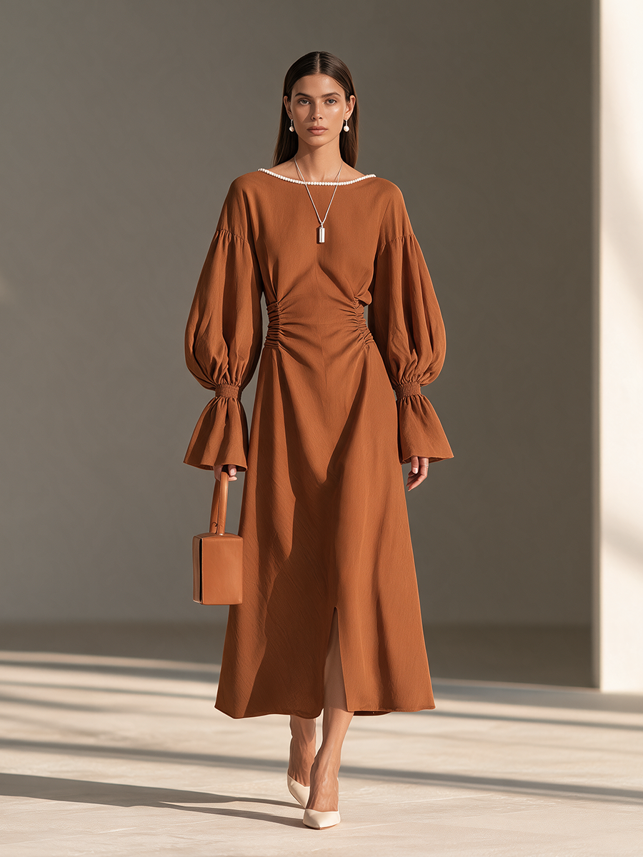 Women's Boat-Neck Ruched-Waist Balloon-Sleeve Maxi Dress MDZ3114H3CMX