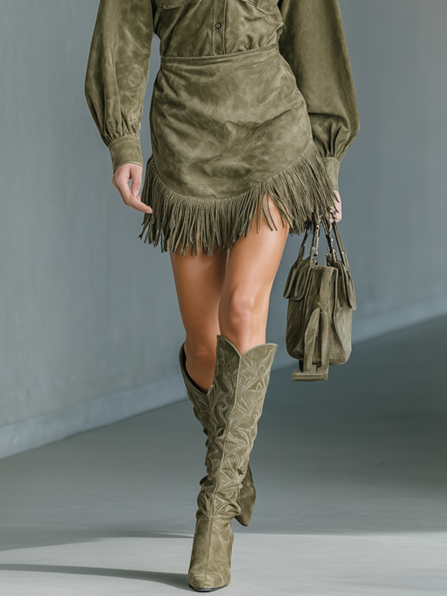 Women's Olive Green Faux Suede Fringed Hem Mini Dress MDA1514J3T