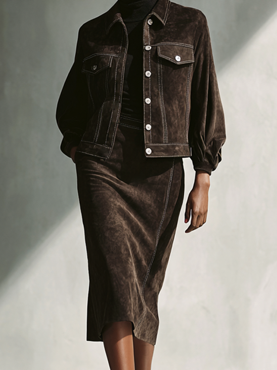 Women's Chocolate Brown Faux Suede Jacket And Skirt Set MDA1520L1AP