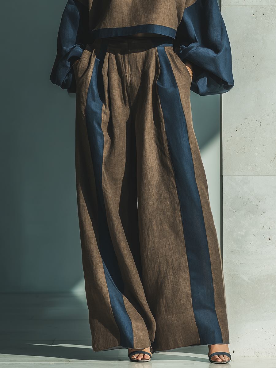 Women's Brown & Navy Linen-Blend Two-Piece Set With Balloon Sleeves & Wide-Leg Trousers MDZ0306C3T
