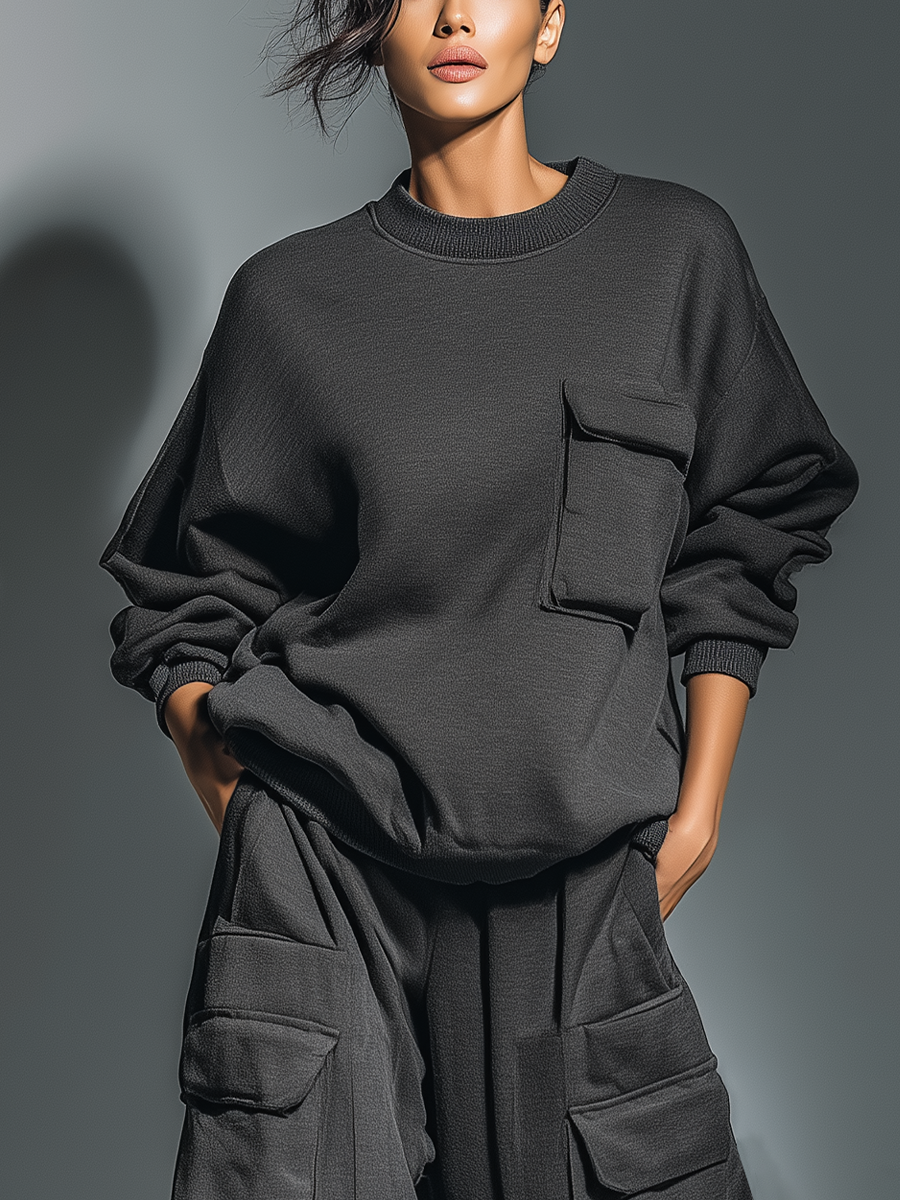 Women's Black Knit Fabric Oversized Pocketed Sweatshirt & Cargo Pants Set MDA2445L8T