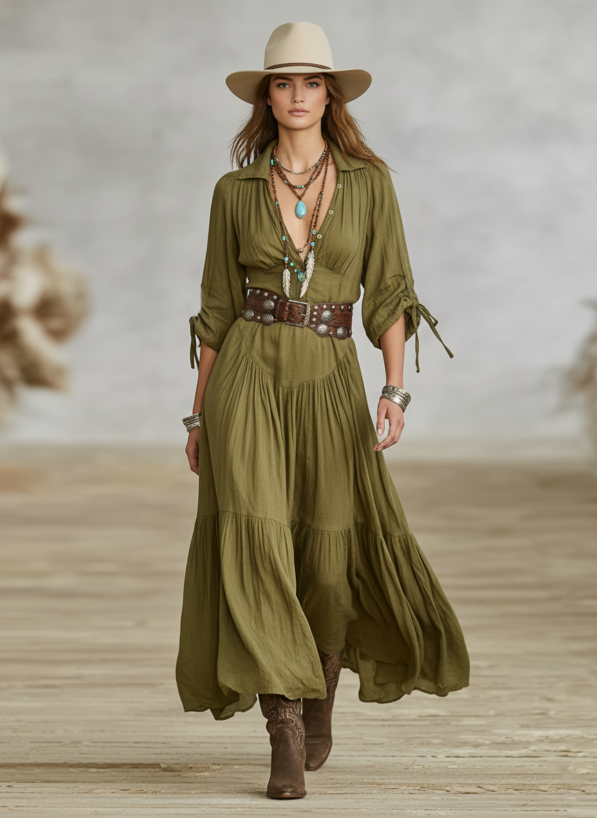 Women's Cotton-linen Blend Shirt Collar Long-sleeved Maxi Dress (belt Not Included) MDA0572K9Y