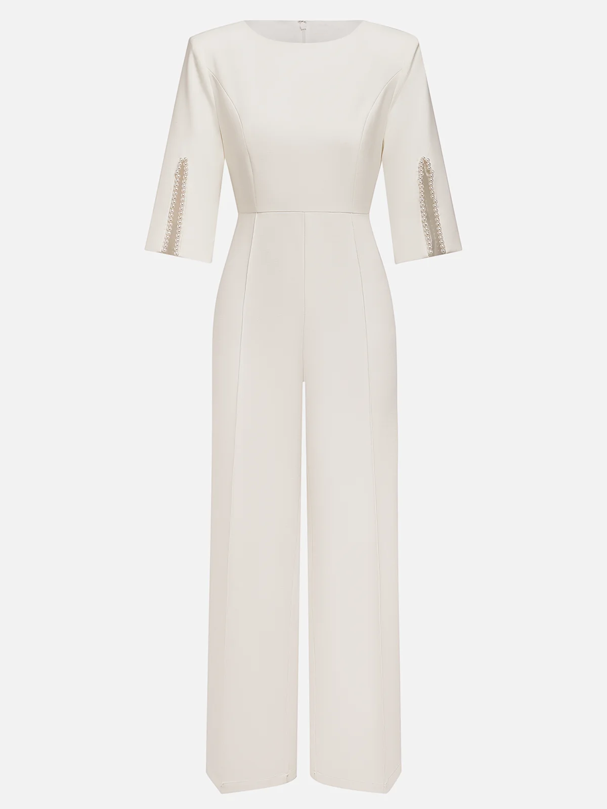 Women's Solid Color Round Neck Slit Cuffs Waist Straight Jumpsuit MDA1126F5Y