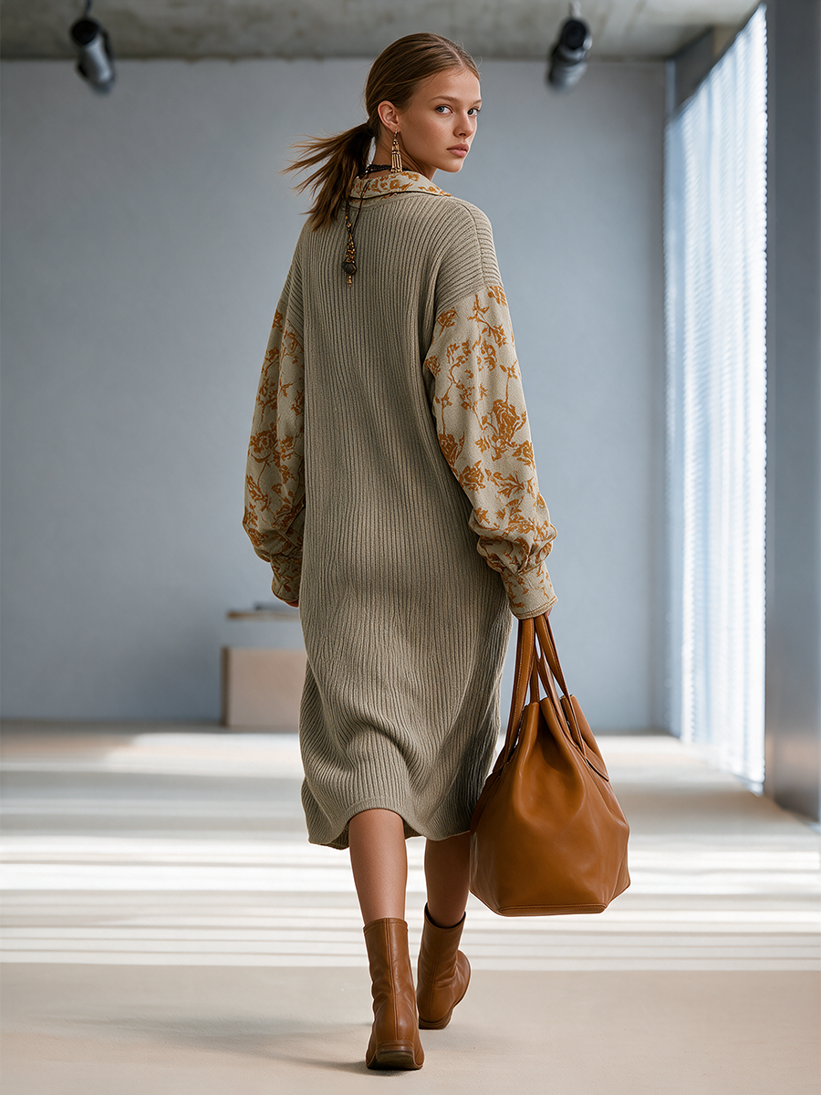 Women's Collared Floral-Panel Drop-Shoulder Balloon-Sleeve Relaxed Knit Midi Dress MDZ2602H8CMX