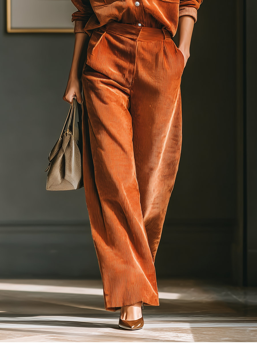 Women's Orange Corduroy Jacket And Pants Set MDA1935I2T