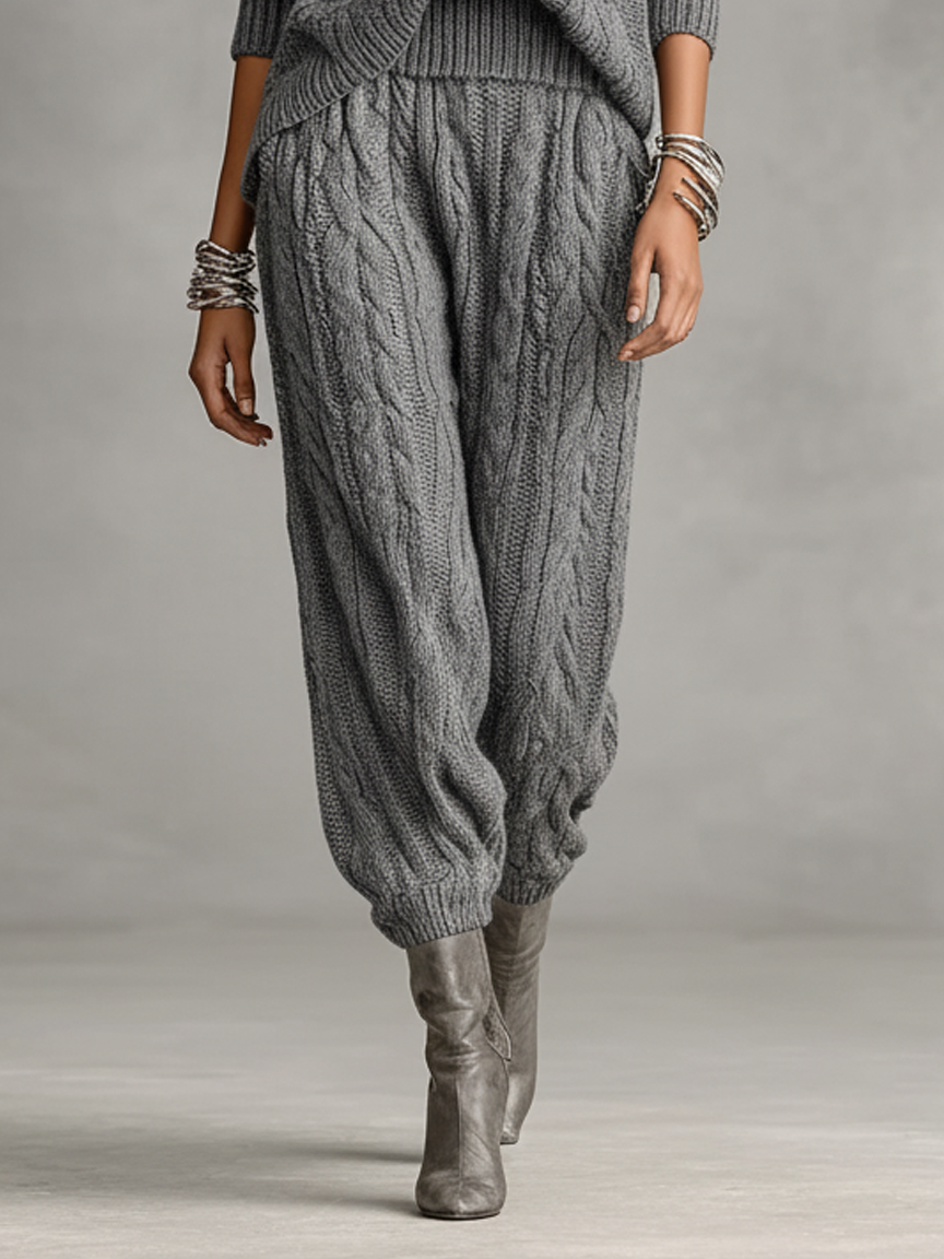 Women's Cable Knit Zipper Collar Sweater And Lantern Pants Set MDA2071J8Y