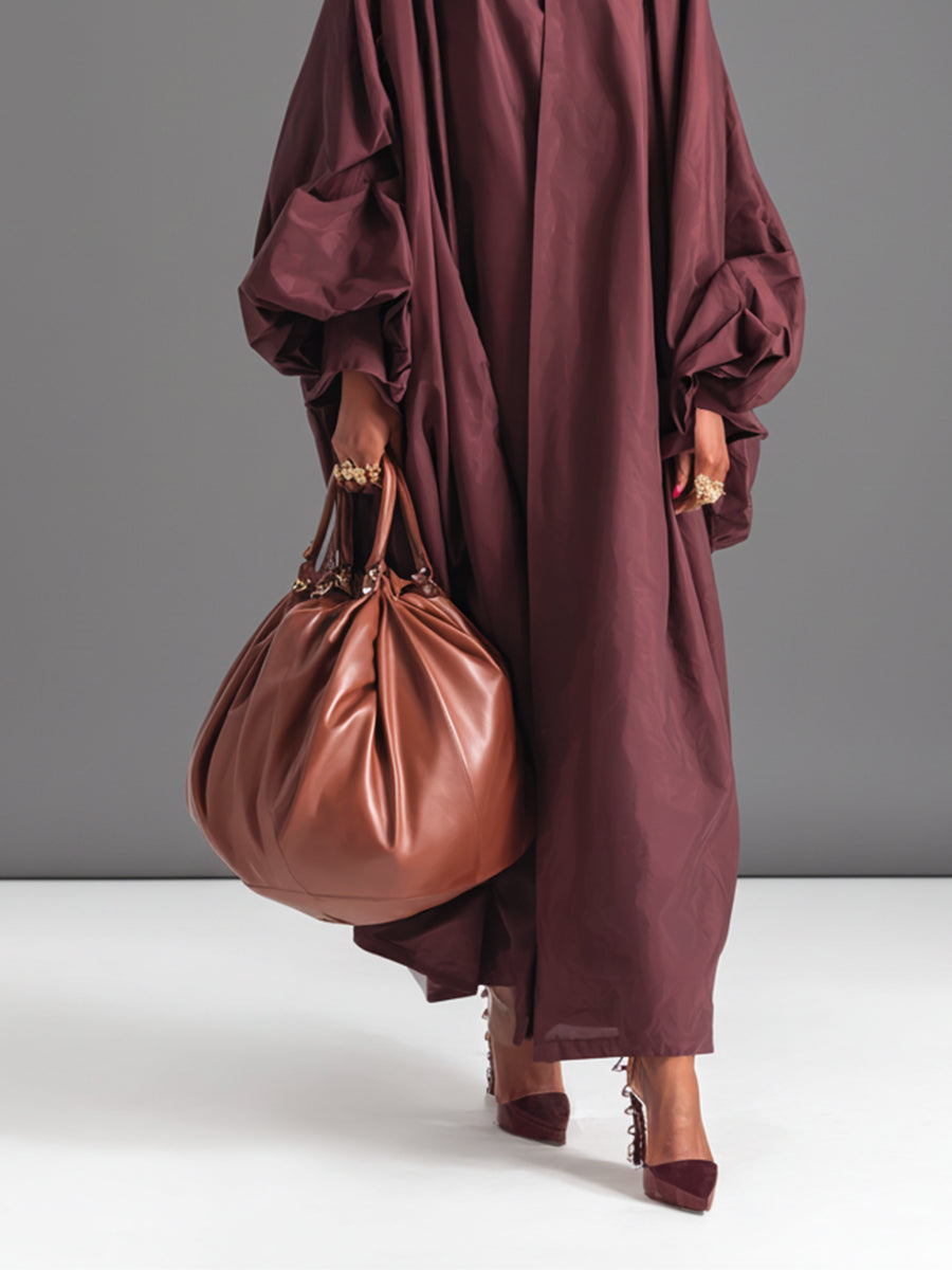Women's Burgundy Crisp Cotton Avant-Garde Maxi Dress With High Neck & Dramatic Puff Sleeves, High-Fashion Statement Maxi Dress MDA3046J3I