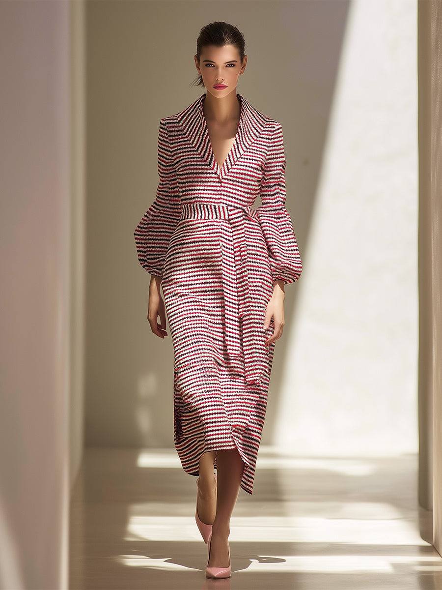 Women's Striped Chic Textured Knit Wrap - Belted Maxi Dress MDA0634H6I