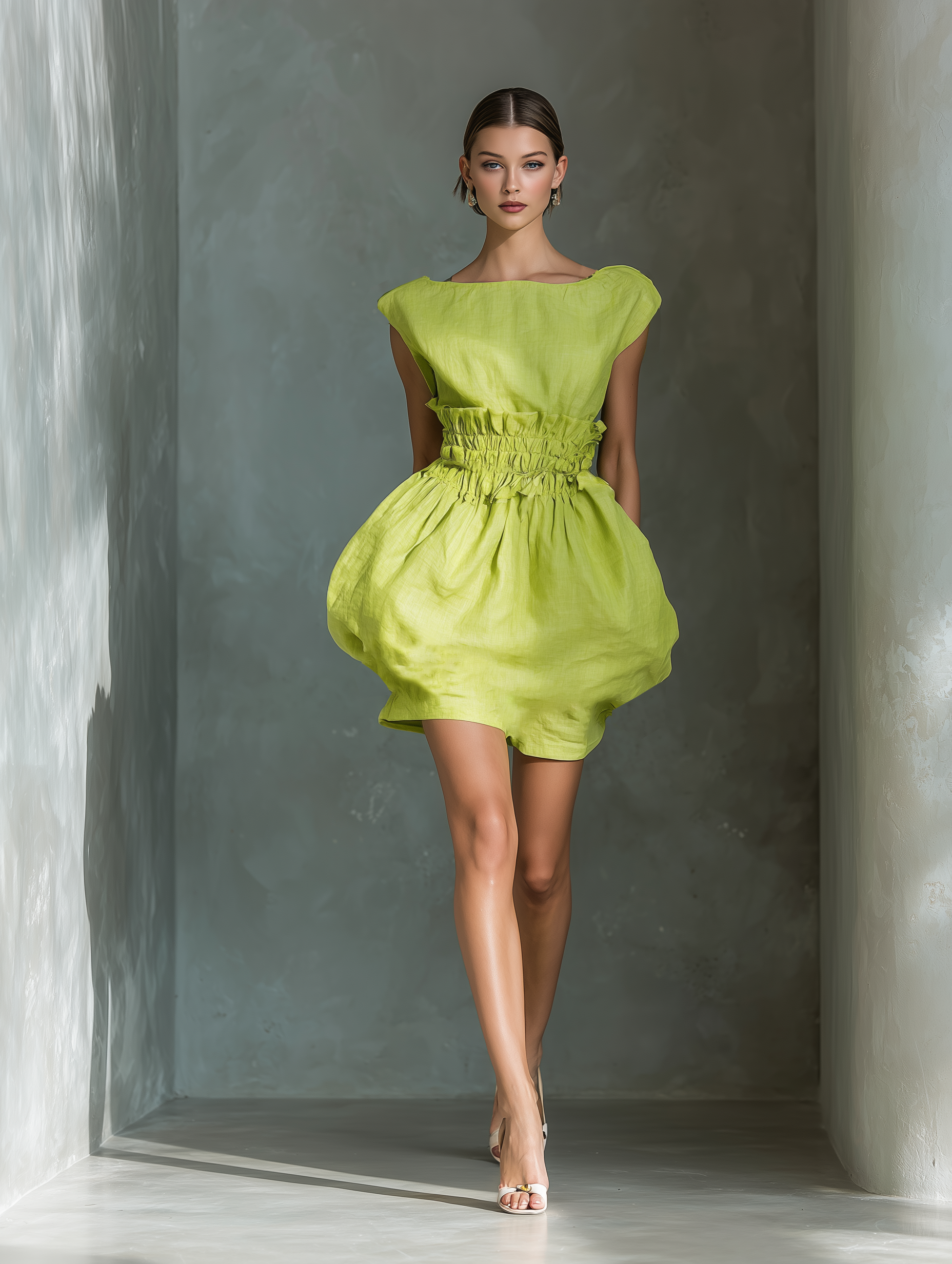 Women's Lime Green Linen Mini Dress With Ruched Waist & Balloon Skirt MDZ1187B2T