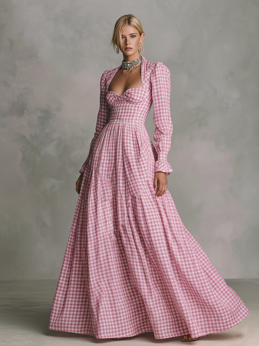Women's Minimalist Checkered Square-neck Long-sleeved Maxi Dress MDA2747K9Y