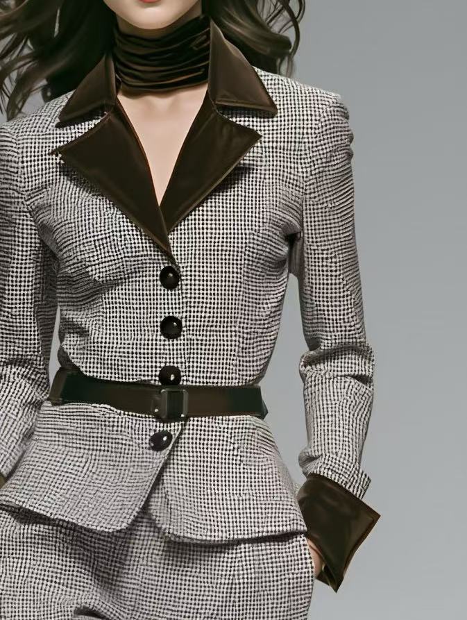 Women's Elegant Retro-style Plaid Patchwork Velvet Long-sleeved Fitted Wide-leg Suit Set MDA0571K2AN