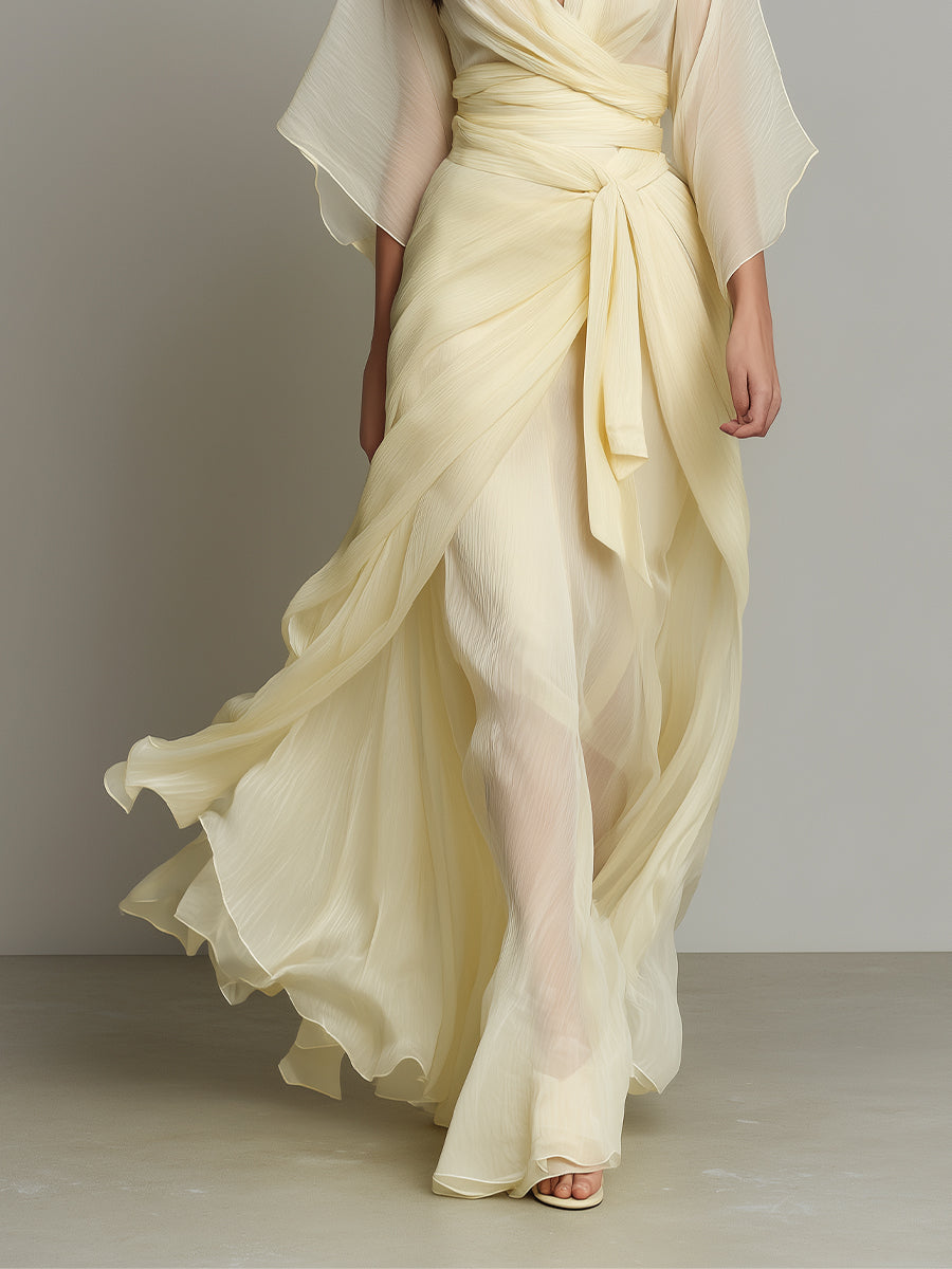 Women's Pale Yellow Sheer Chiffon Dress With Deep V-Neck & Wrap Detail, Timeless Romantic-Luxe Style Dress MDZ0699A6I