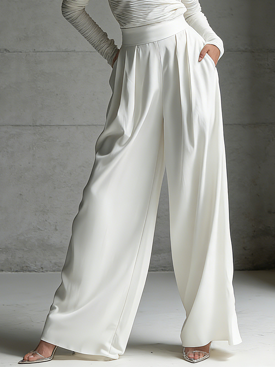 Women's White Cotton Blend Pleated Off-the-shoulder Top And Wide-leg Pants Suit MDA0486L6T