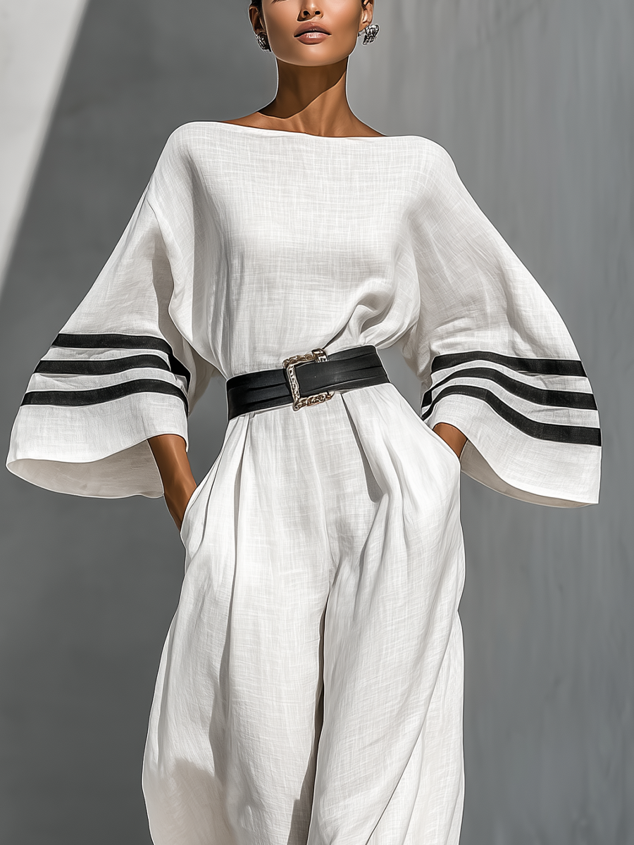 Women's Ivory Linen Fabric Wide-Sleeve Jumpsuit With Striped Cuffs & Belted Waist MDZ0690B3T