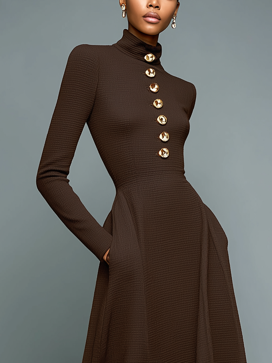 Women's Dark Brown Waffle Knit High-Neck Maxi Dress MDA3006J8T