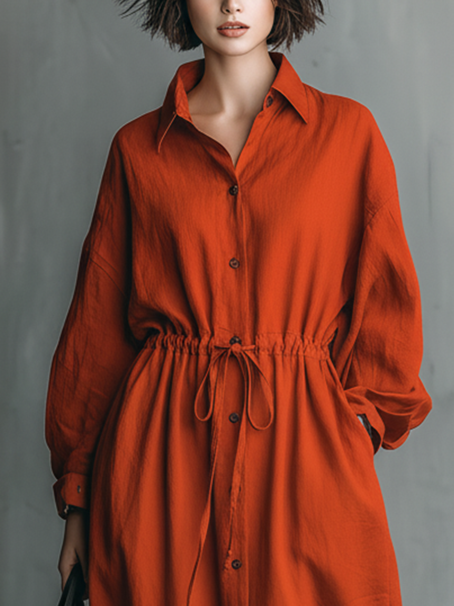 Women's Red Cotton Linen Drawstring Belt Long-Sleeved Shirt Midi Dress MDA2009K6T