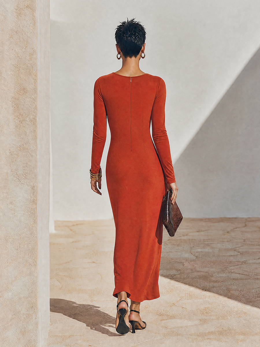 Women's Solid Rust-Red Asymmetric Ruched Long-Sleeve Maxi Dress MDZ0268G3ZRK