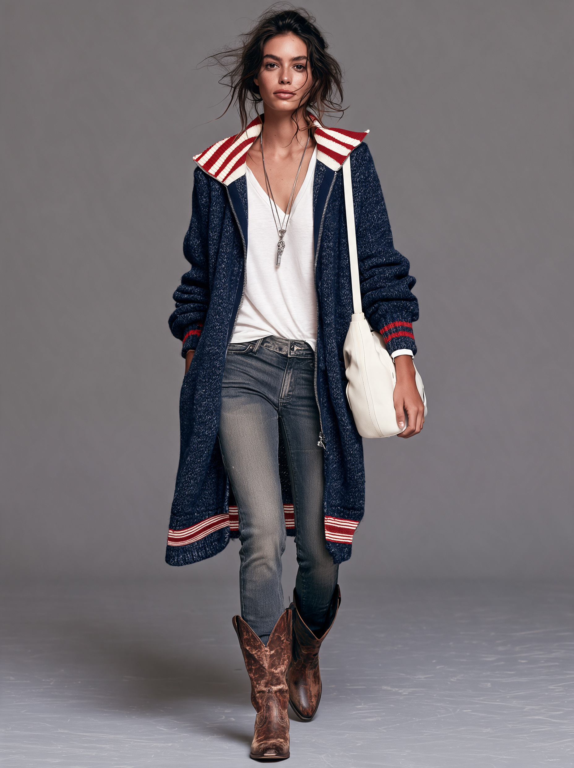 Women's Vintage Color-Block Striped Zip-Up Mid-Length Cardigan MDZ2550H4WY