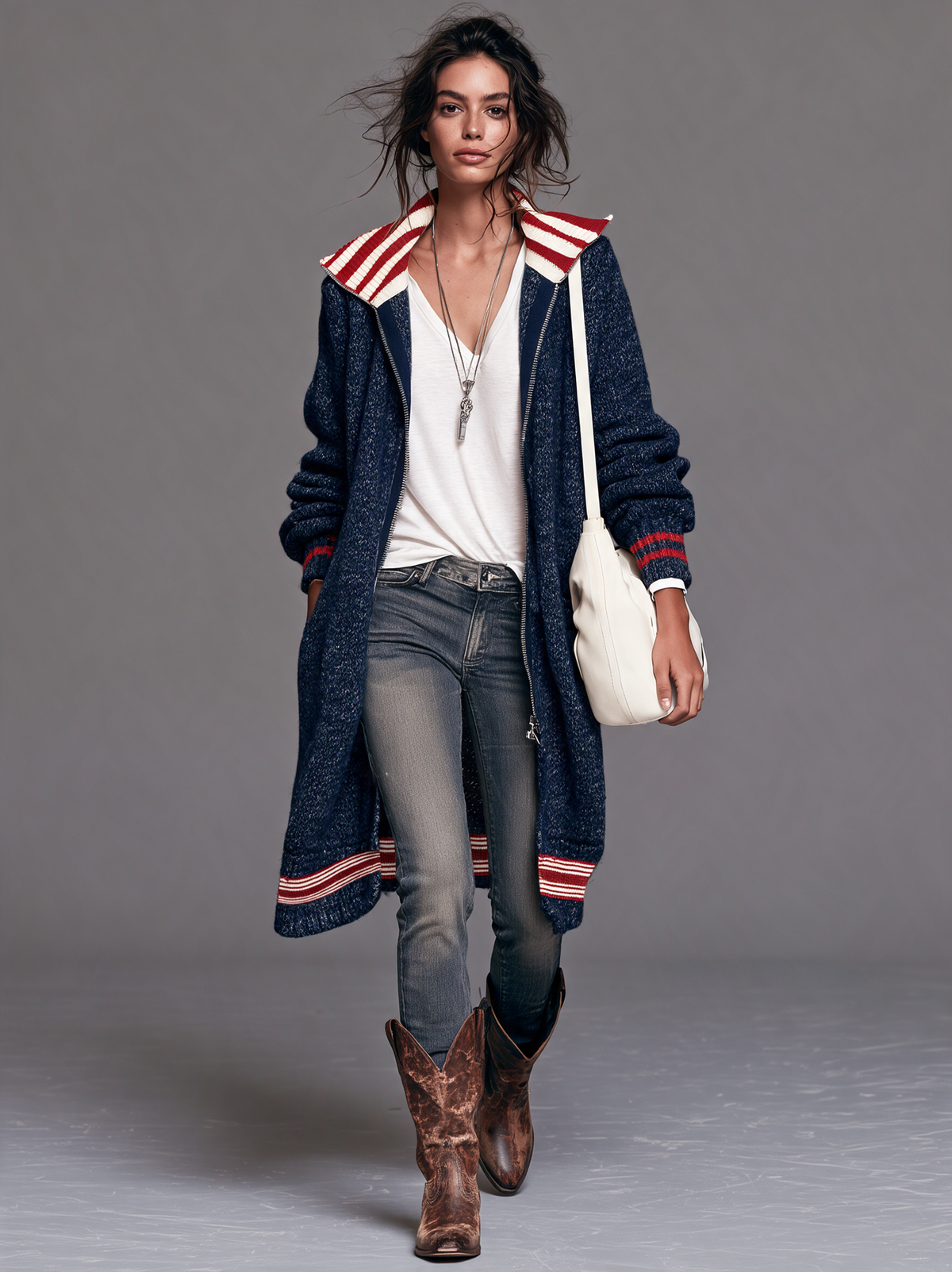 Women's Vintage Color-Block Striped Zip-Up Mid-Length Cardigan MDZ2550H4WY