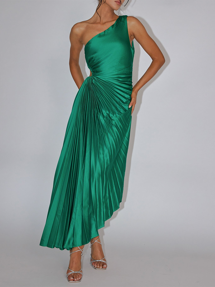 Women's Fashion Satin One Shoulder Waist Hollow Pleated Green Formal Party Maxi Dress MDA1279F4Y